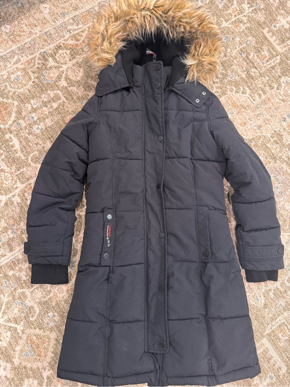 Canada Weathergear Black Quilted Puffer Coat with removable fur trim.